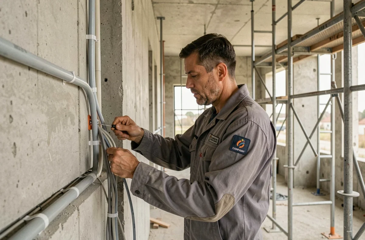 Électricien du bâtiment posant des conduits électriques sur un chantier de construction à Roubaix