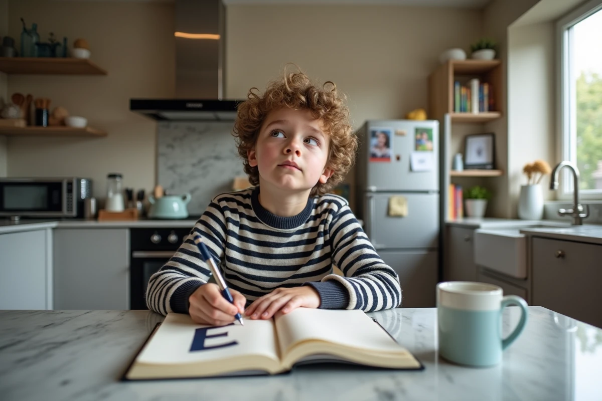 Adolescent écrivant un E dans un carnet à la maison