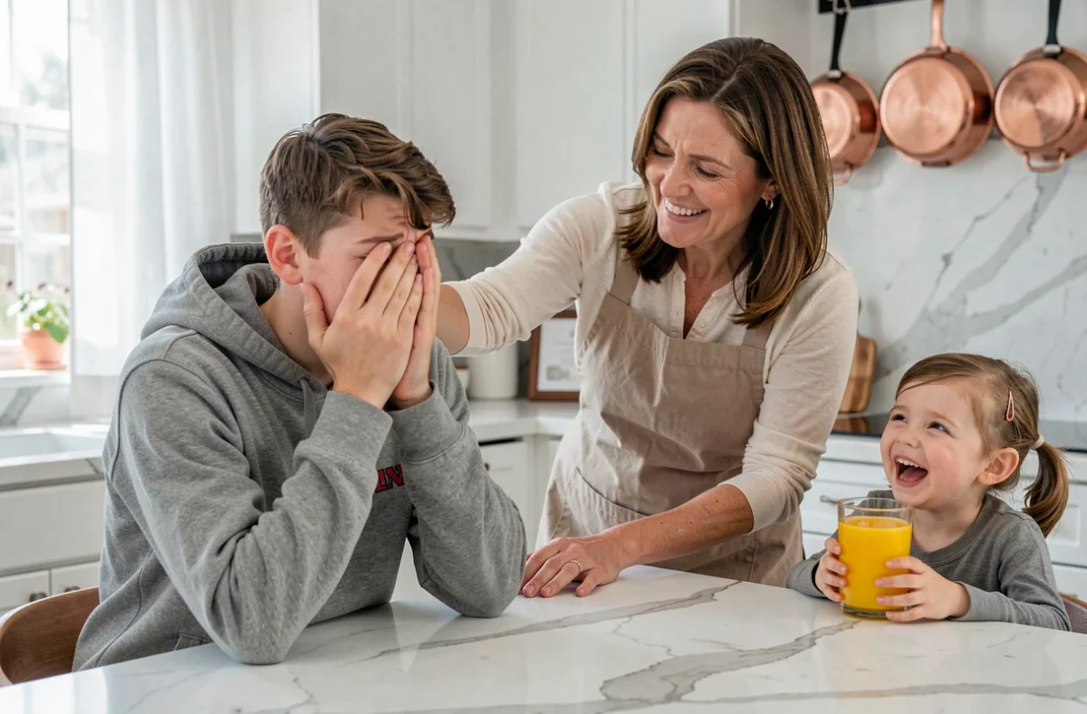 Adolescent embarrassé par une blague gênante en famille, mère réconfortante dans une cuisine moderne