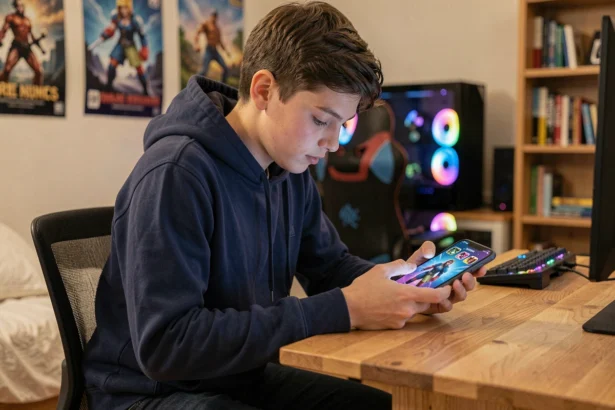 Adolescent jouant à Brawl Stars sur smartphone avec des skins et pièces visibles à l'écran