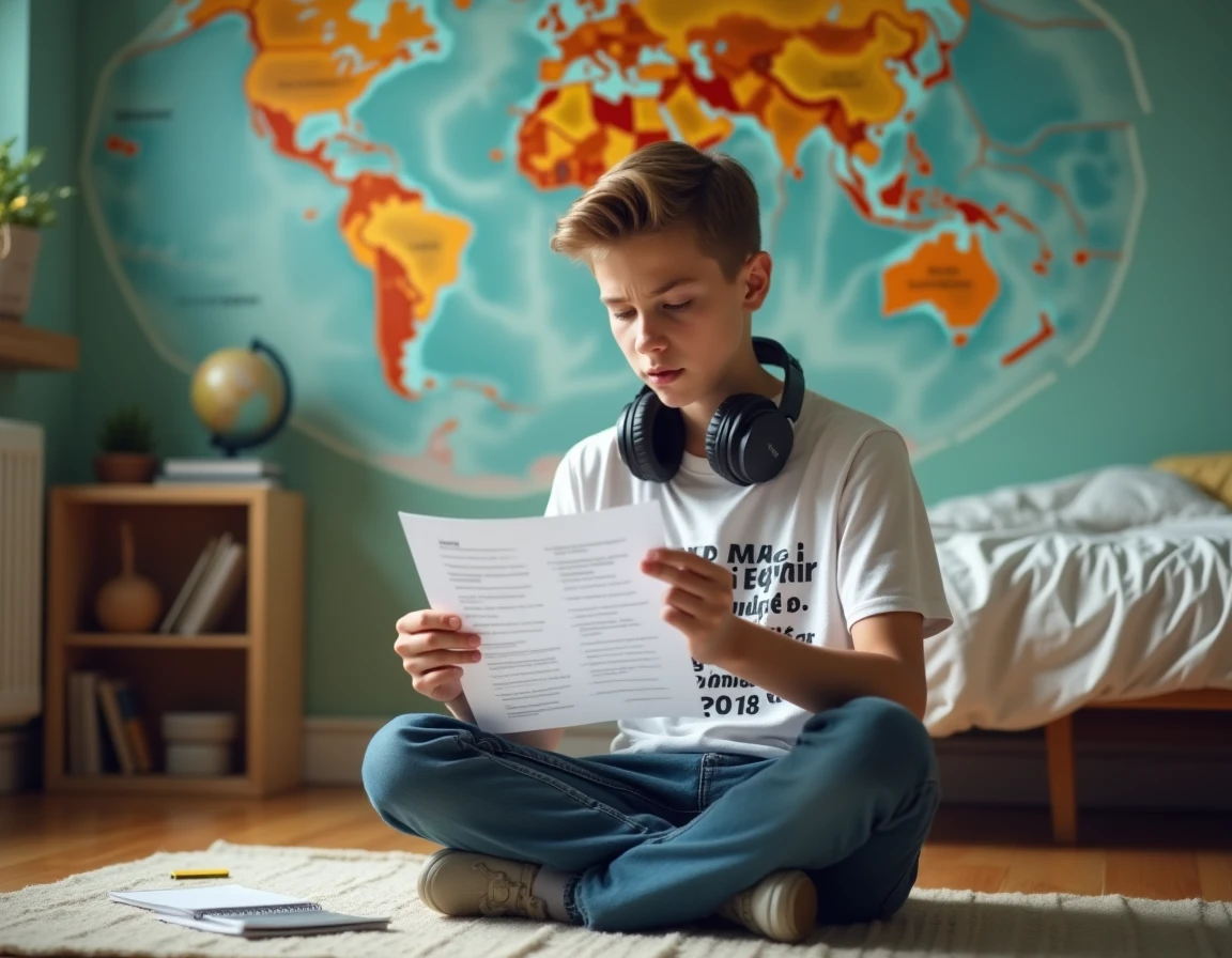 Adolescent assis par terre dans sa chambre consultant une fiche de quiz sur les pays commençant par F avec un planisphère accroché au mur