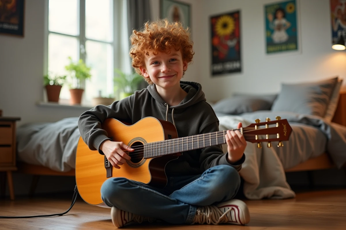 Adolescent roux jouant de la guitare dans sa chambre avec assurance et sourire naturel