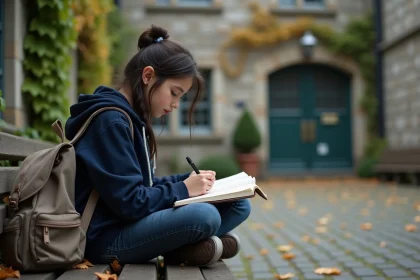 Adolescente écrivant un poème dans un carnet sur un banc de cour d'école à la rentrée