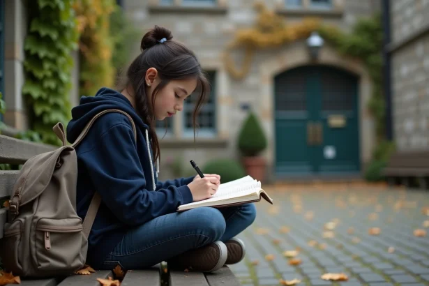 Adolescente écrivant un poème dans un carnet sur un banc de cour d'école à la rentrée