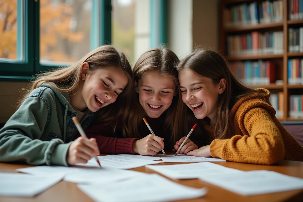 Groupe d'adolescents découvrant un poème original ensemble à la bibliothèque scolaire