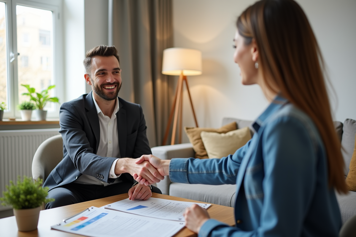 Agent immobilier serrant la main d un locataire dans un salon lumineux