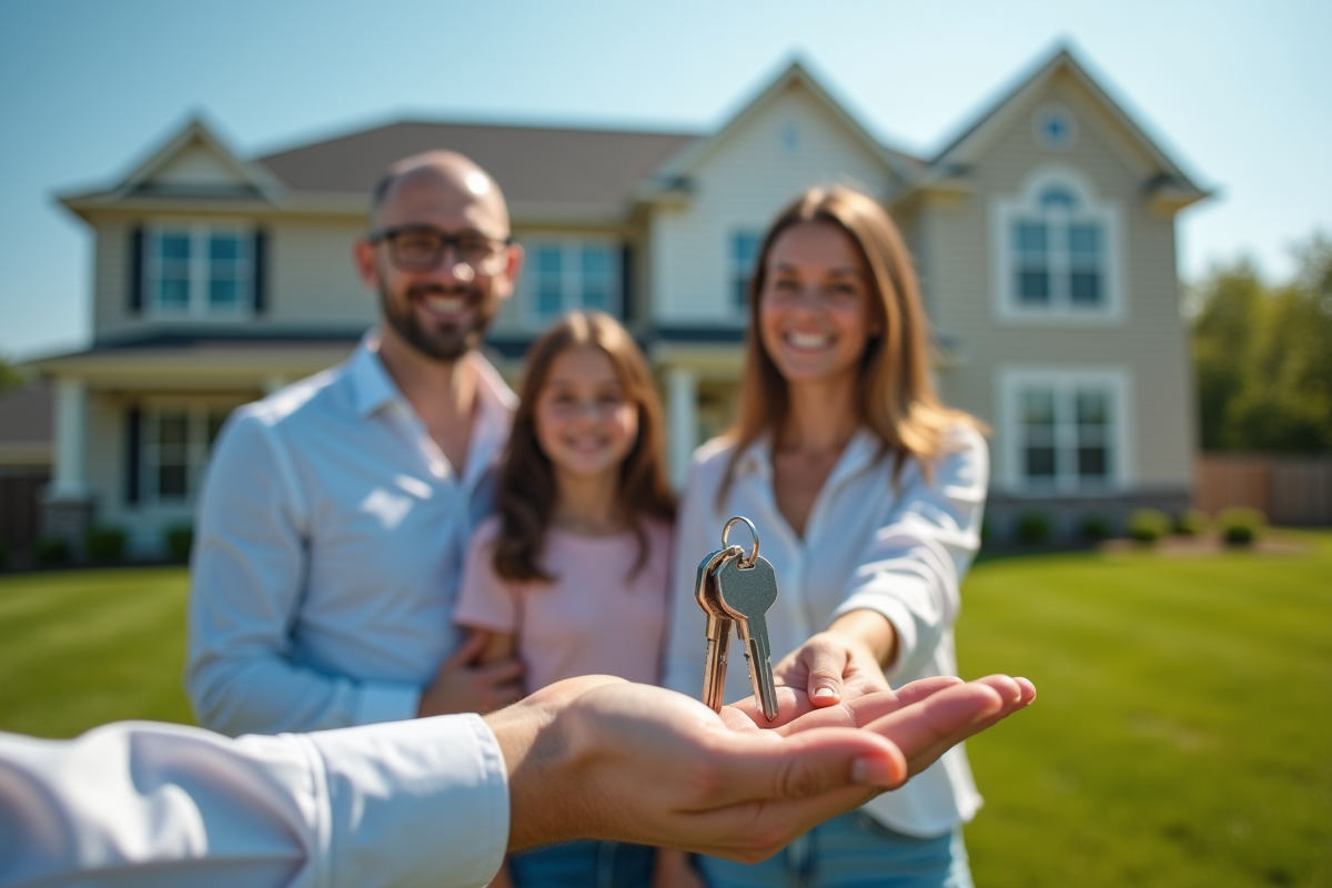 Agent immobilier donnant les clés à une famille devant maison neuve