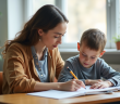 Assistante éducative aidant un jeune garçon en classe
