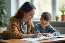 Assistante éducative aidant un jeune garçon en classe