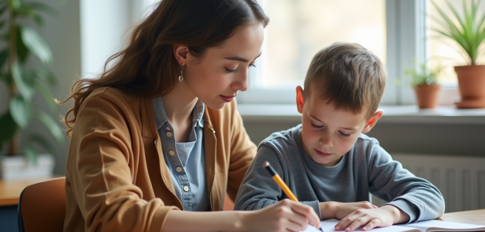 Assistante éducative aidant un jeune garçon en classe