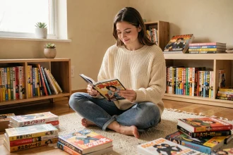 Jeune femme lisant des mangas sur tablette entourée de volumes physiques dans un appartement cosy, illustrant les alternatives à My Reading Manga en 2026