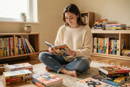 Jeune femme lisant des mangas sur tablette entourée de volumes physiques dans un appartement cosy, illustrant les alternatives à My Reading Manga en 2026