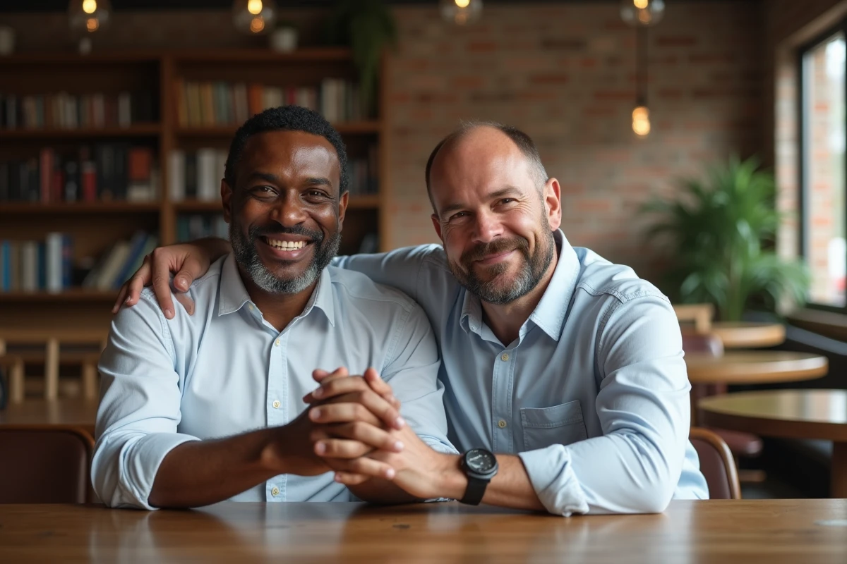 Deux hommes se serrent dans un café lumineux