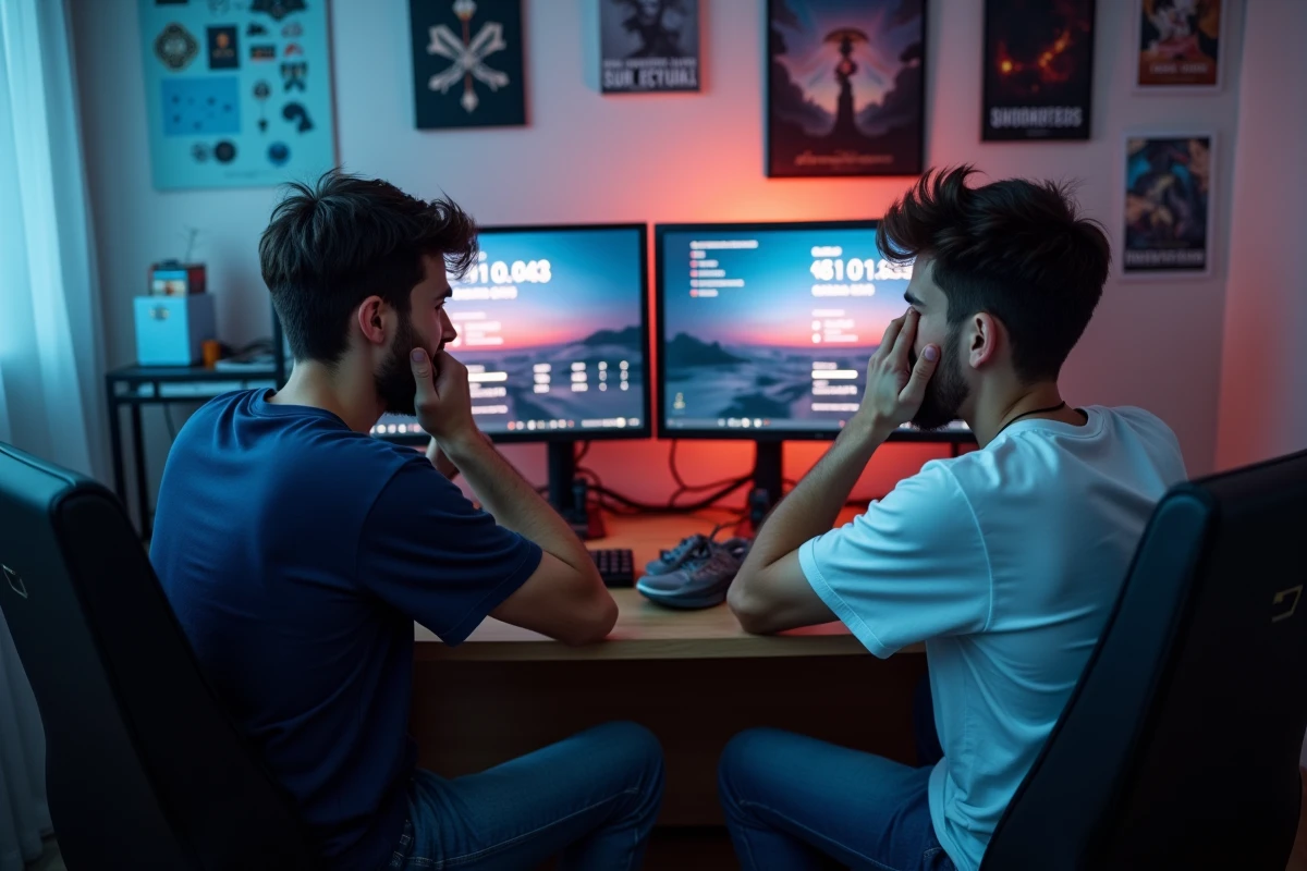 Deux amis gamers réagissant avec humour à leurs heures de jeu cumulées sur League of Legends
