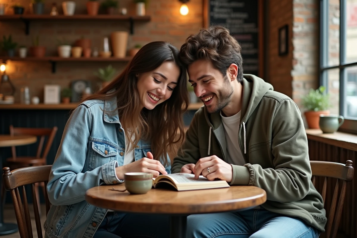 Deux amis discutant d'un manga en français dans un café indépendant de quartier