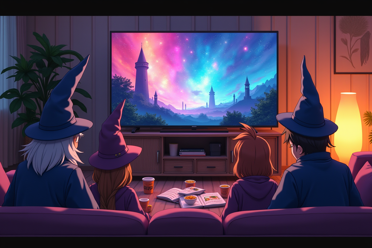 Groupe d'amis magiciens regardant une série anime sur un grand écran