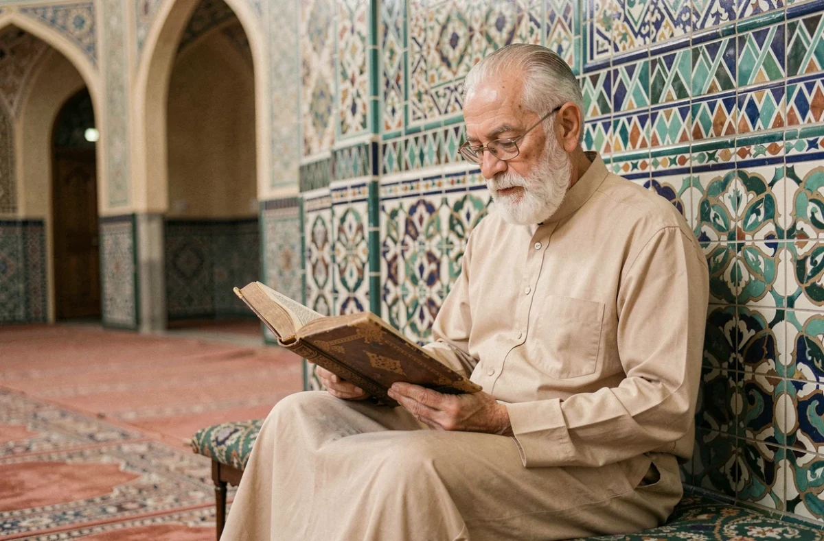 Vieil homme récitant la sourate Al Mulk dans une mosquée ornée, pratiquant le tajwid avec un Coran ouvert