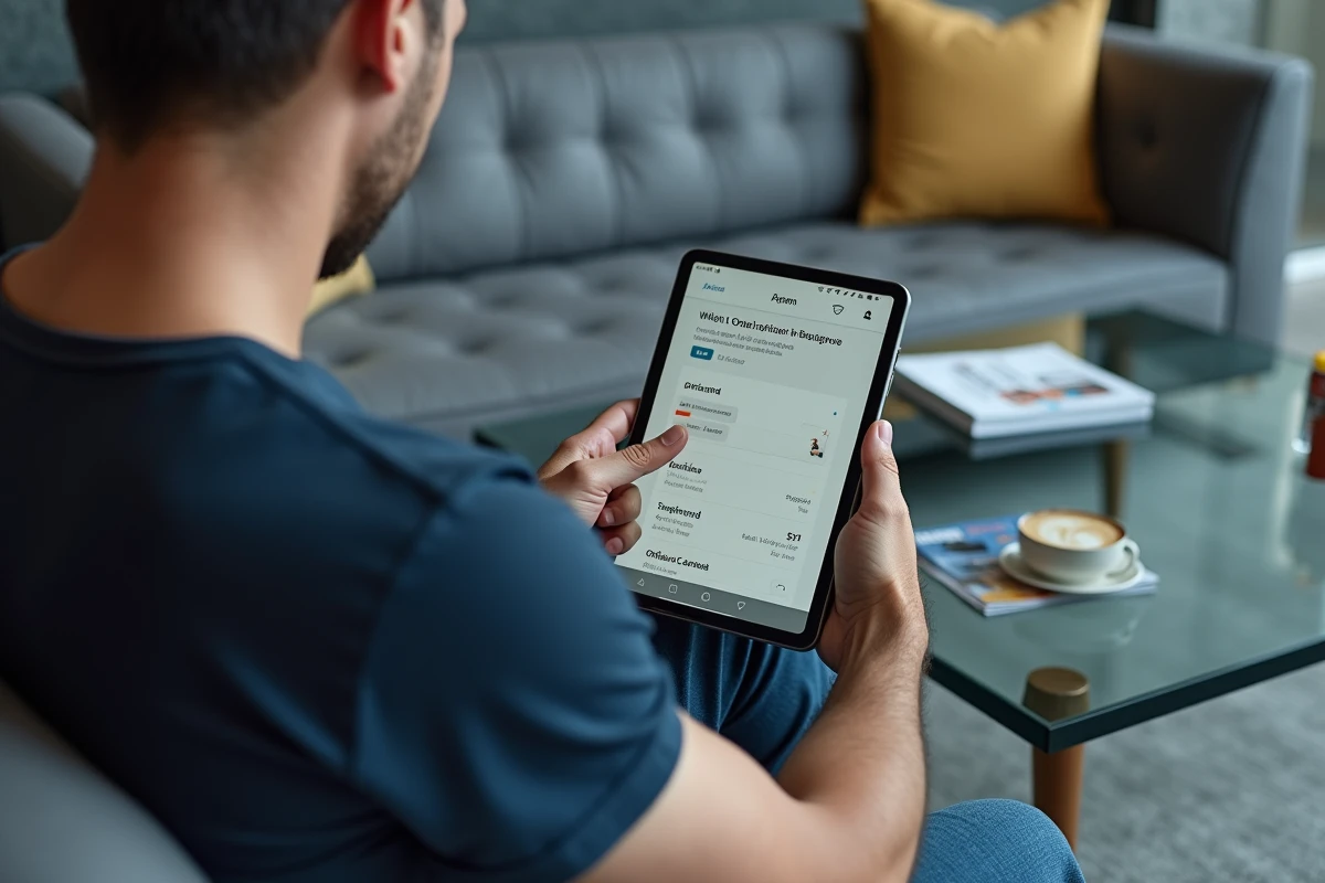 Homme tenant une tablette avec l'application Amazon ouverte sur une commande dont l'option d'archivage est inactive