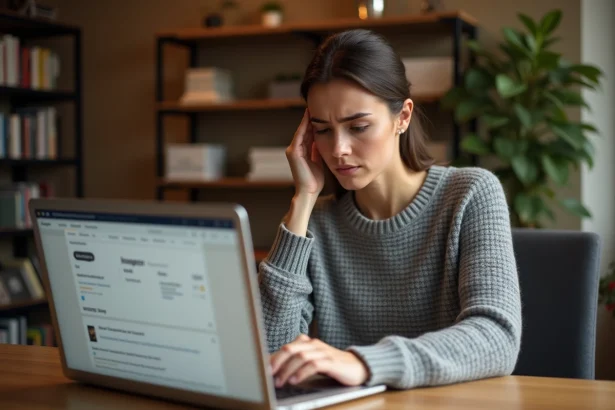 Femme frustrée devant son ordinateur portable essayant d'archiver une commande Amazon avec l'option grisée