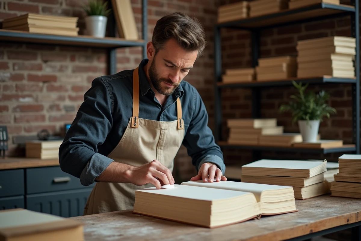 Artisan relieur assemblant des livres brochés dans un atelier d'impression indépendant avec murs en briques et étagères de livres