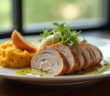 Assiette de boudin blanc tranché avec pommes rôties et purée de patates douces