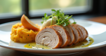 Assiette de boudin blanc tranché avec pommes rôties et purée de patates douces