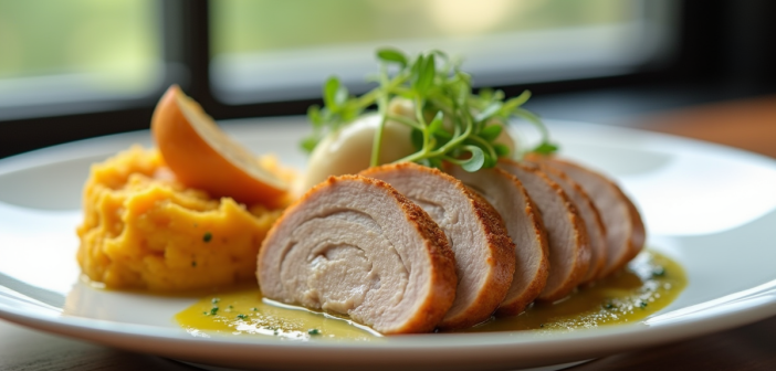 Assiette de boudin blanc tranché avec pommes rôties et purée de patates douces