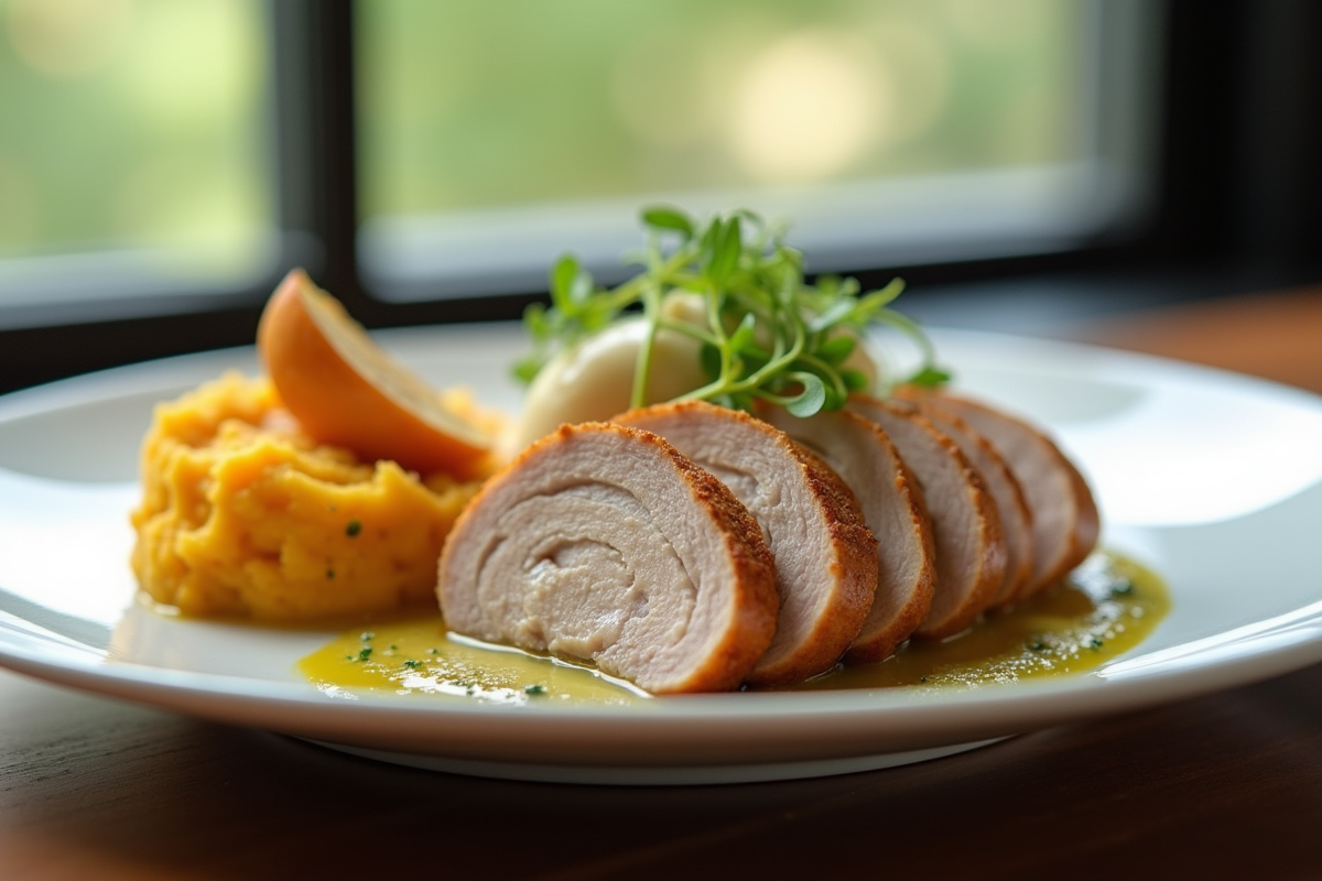 Assiette de boudin blanc tranché avec pommes rôties et purée de patates douces