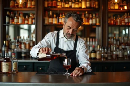Barman d'une civette parisienne versant un rhum d'exception au comptoir en zinc