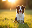 Chien berger australien assis dans un champ ensoleille