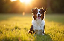 Chien berger australien assis dans un champ ensoleille