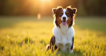Chien berger australien assis dans un champ ensoleille