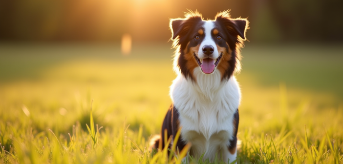 Chien berger australien assis dans un champ ensoleille