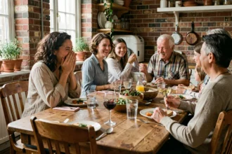 Famille réunie autour d'un repas dominical, rires gênés suite à une blague maladroite d'un grand-père