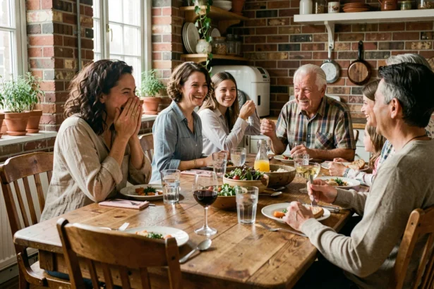 Famille réunie autour d'un repas dominical, rires gênés suite à une blague maladroite d'un grand-père