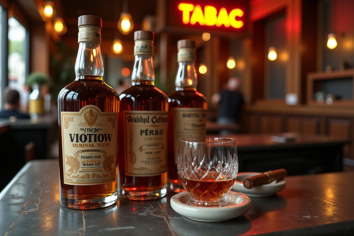 Bouteilles de rhum d'exception et cigare sur le comptoir d'une civette parisienne