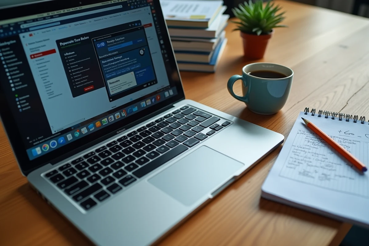 Bureau d'analyste avec ordinateur portable affichant une évaluation de sécurité web, notes manuscrites et smartphone posés sur une table en bois