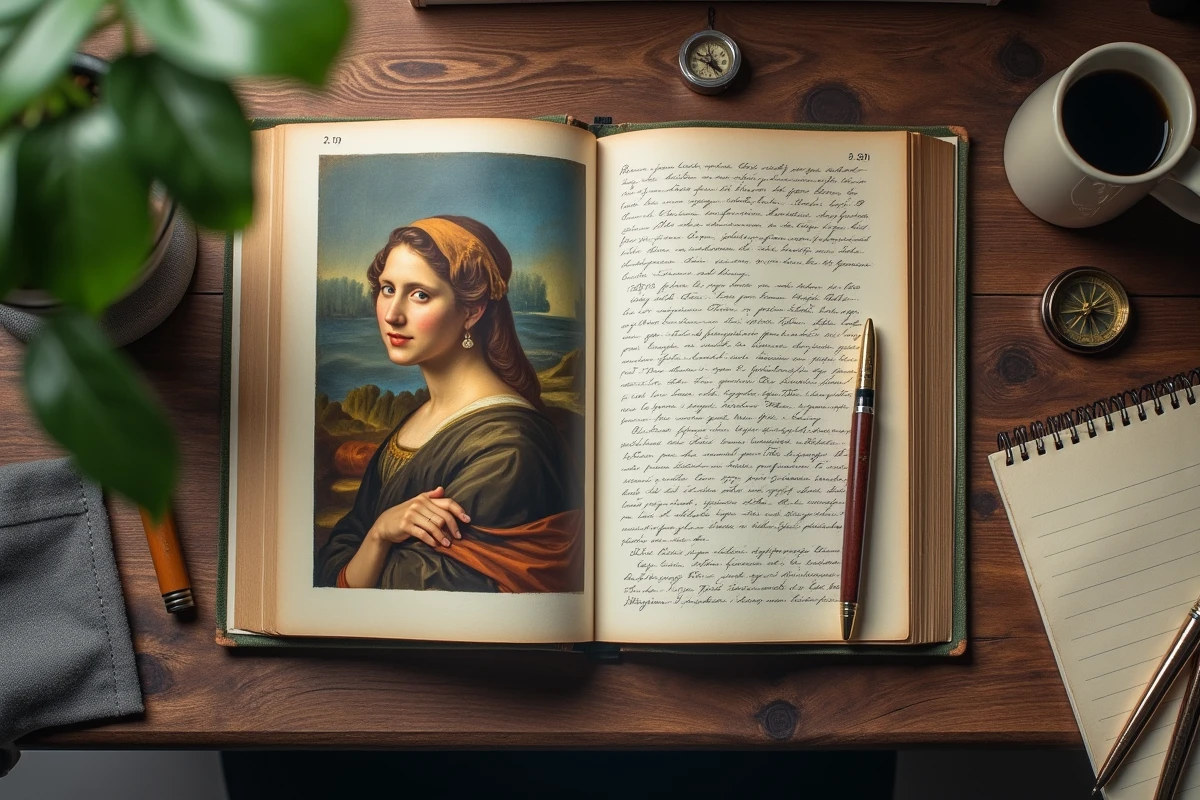 Vue aérienne d'un bureau d'étudiant avec livres et notes sur les peintres célèbres pour une dissertation d'histoire de l'art
