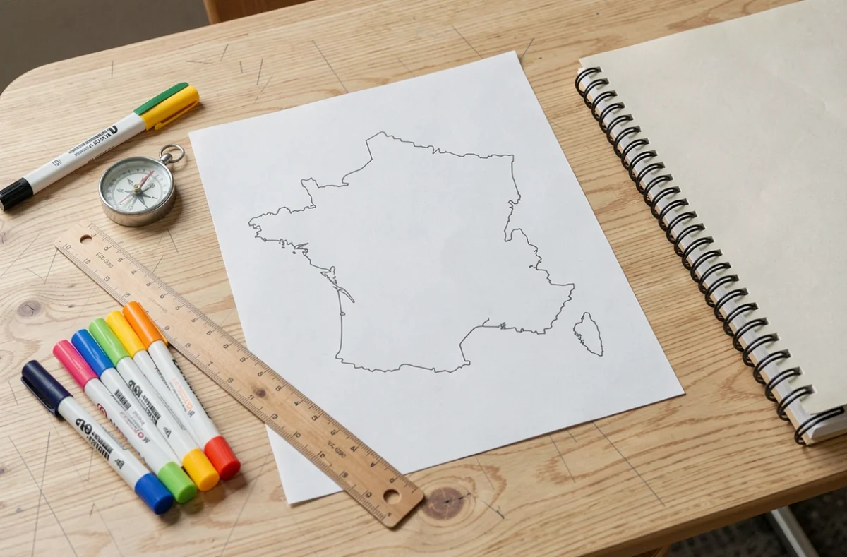 Vue de dessus d'un bureau scolaire avec une carte de France vide imprimée entourée de fournitures scolaires