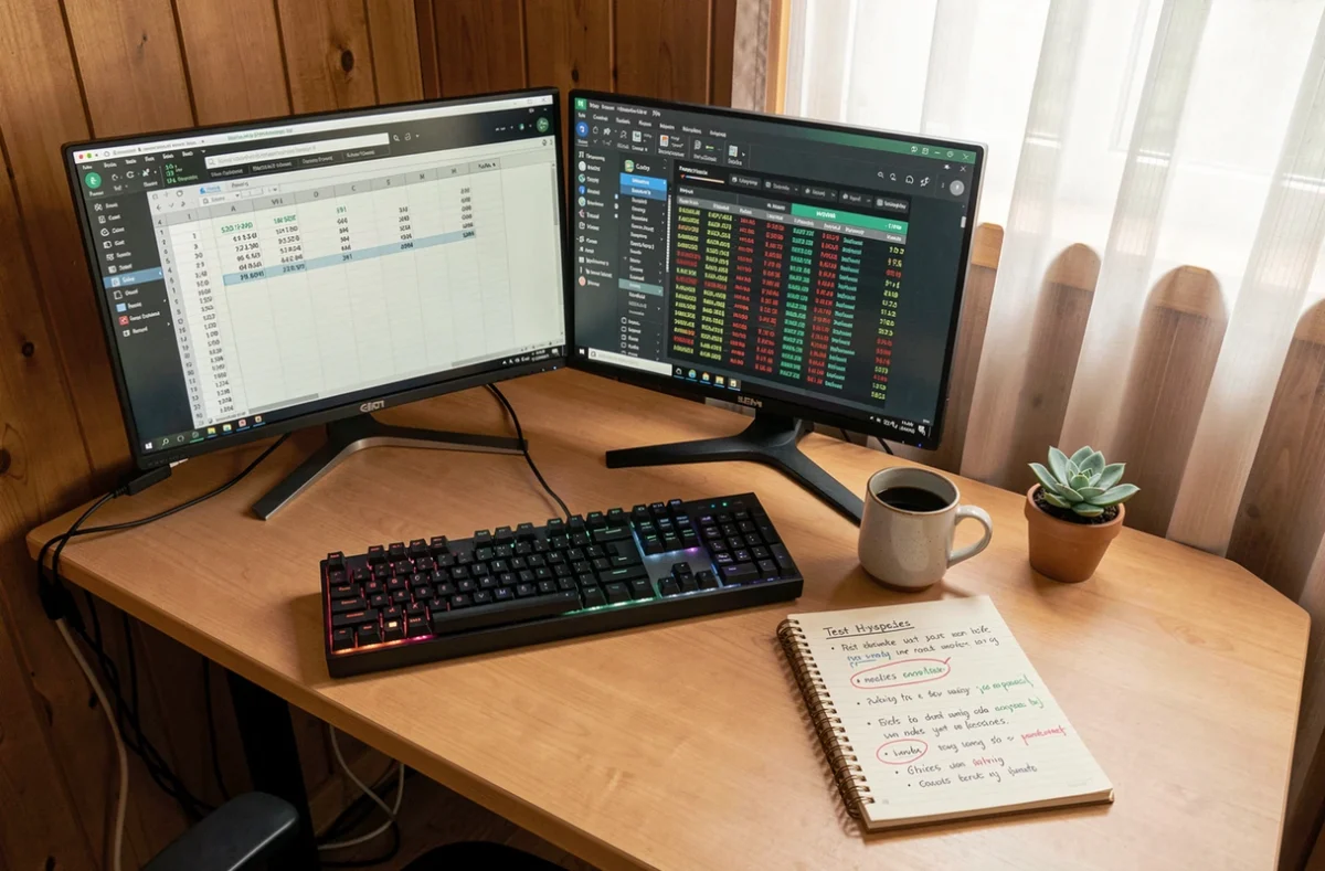 Bureau de télétravail avec des outils d'analyse SEO affichant des variables de tests d'hypothèses et un suivi de positionnement