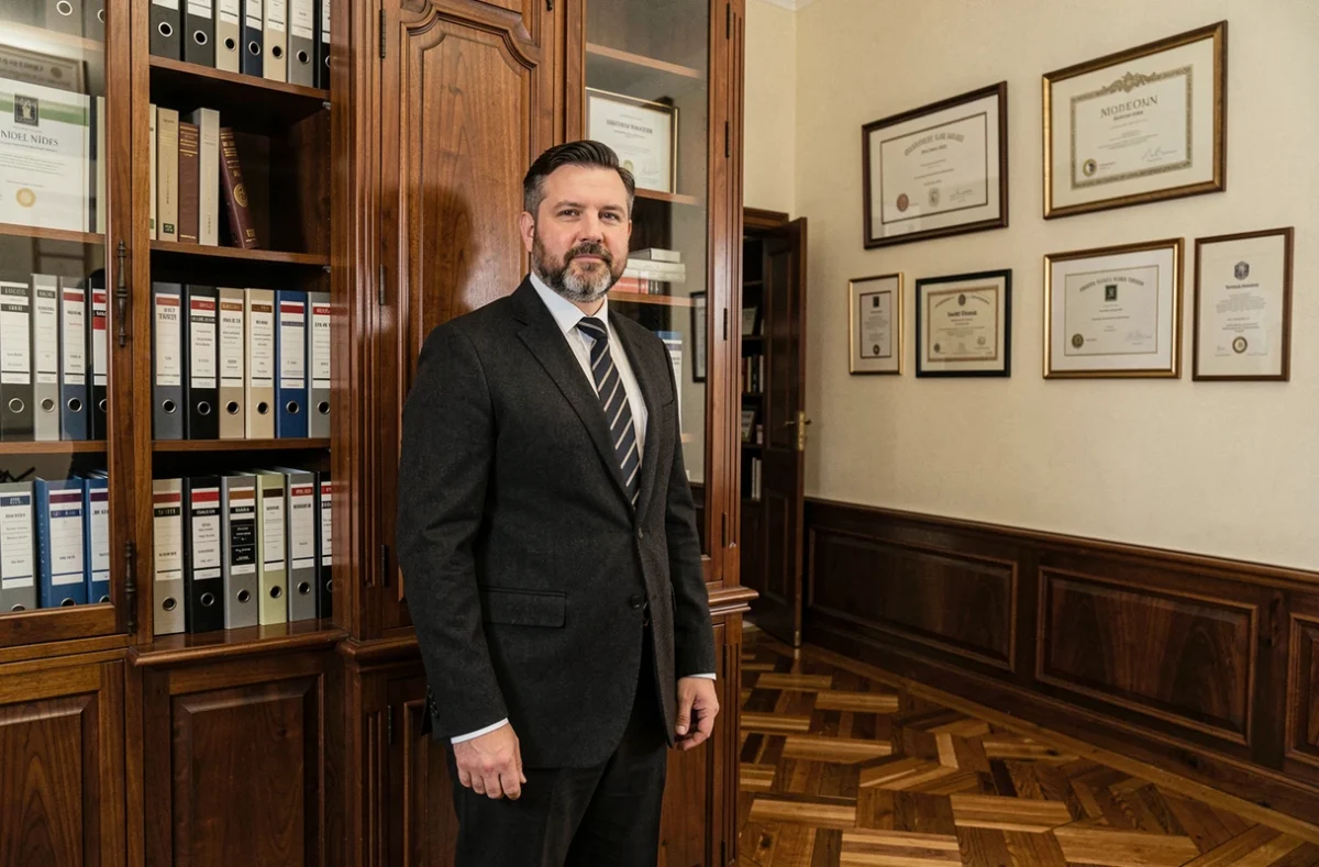 Cabinet Ezzaitab à Nîmes, avocat en costume sombre debout près d'une armoire à dossiers juridiques