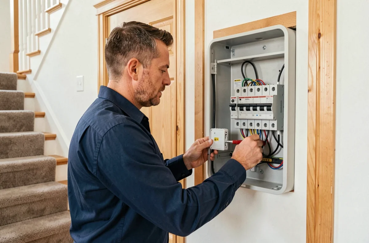 Électricien résidentiel installant un tableau de disjoncteurs dans une maison individuelle à Roubaix