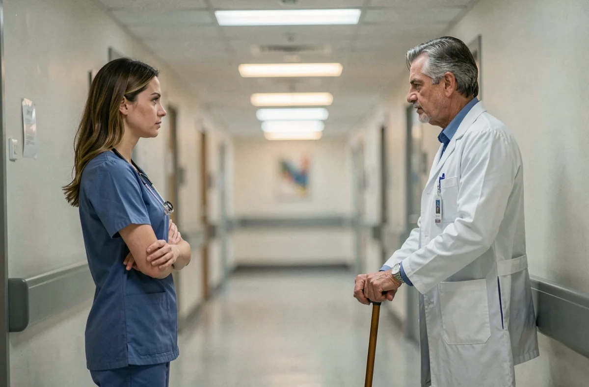 Deux médecins face à face dans un couloir d'hôpital en tension silencieuse, symbolisant la relation émotionnelle complexe entre Cameron et House dans la série médicale
