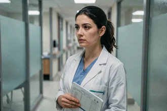 Médecin femme en blouse blanche dans un couloir d'hôpital au regard mélancolique, illustrant la relation touchante entre Cameron et House dans la série