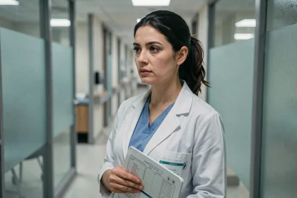 Médecin femme en blouse blanche dans un couloir d'hôpital au regard mélancolique, illustrant la relation touchante entre Cameron et House dans la série