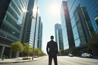 Professionnel face à un croisement entre ville traditionnelle et moderne