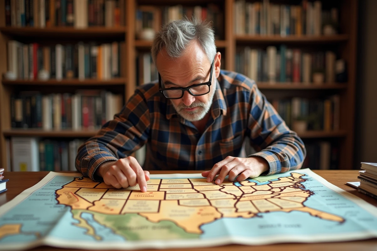 Cartographe étudiant une carte des États-Unis avec les régions du Nevada et des États limitrophes annotées sur une table en bois