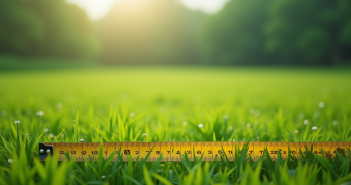 Champ vert avec mètre ruban étendu pour mesurer la surface