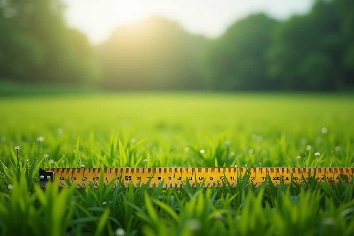 Champ vert avec mètre ruban étendu pour mesurer la surface