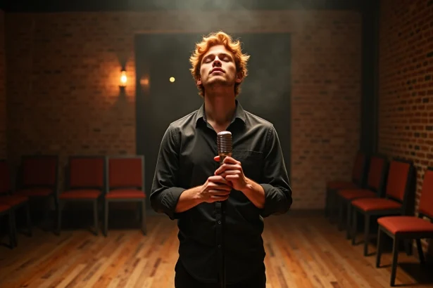 Chanteur roux confiant sur scène lors d'une répétition dans un bar musical intimiste